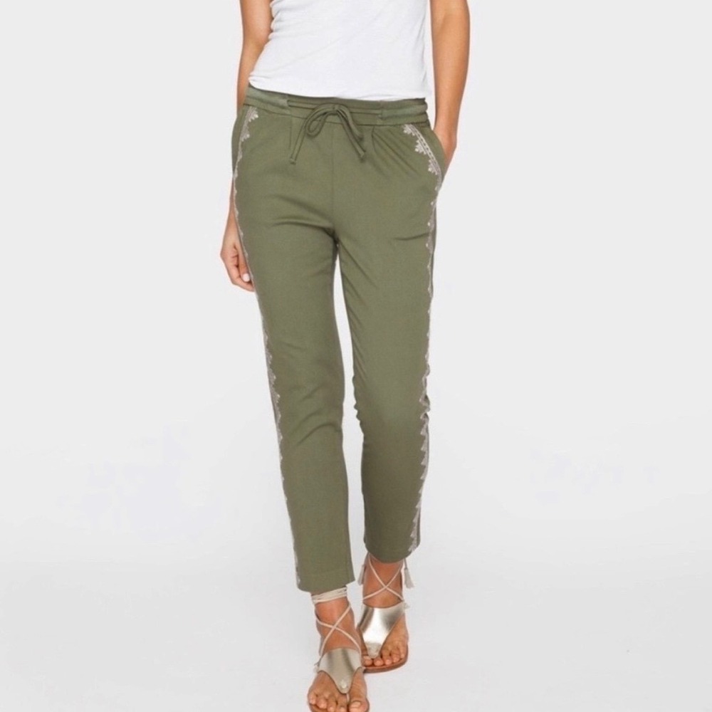 NEW Johnny Was Stretch Twill Straight Leg Pants Olive Green Embroidered Sz Large